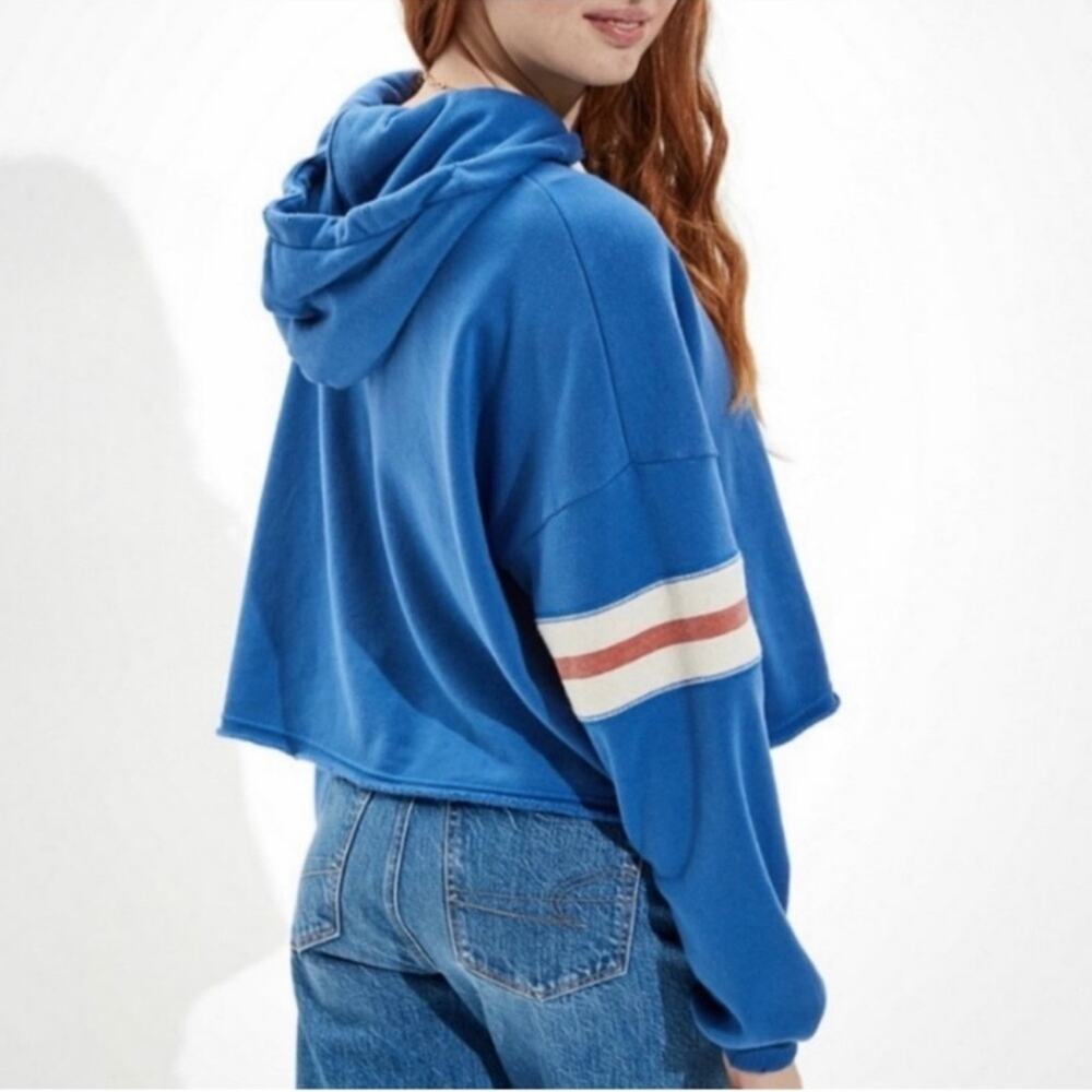 American Eagle Blue Varsity Hoodie with Striped Sleeves - Picture 5 of 7
